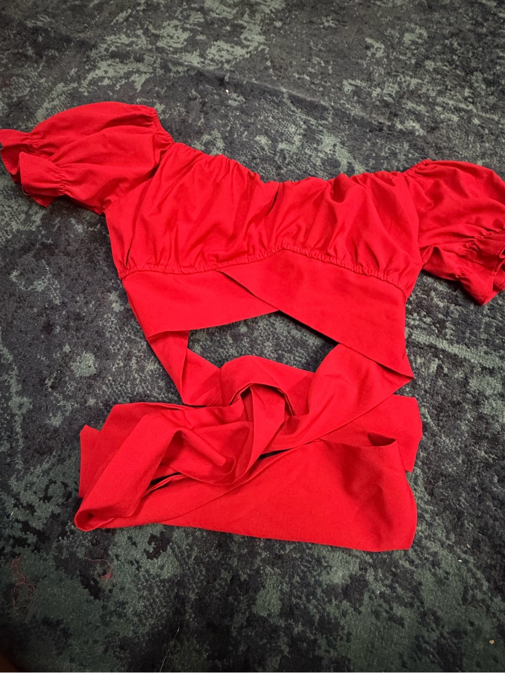 Red Off-Shoulder Tie-Front Crop Top with Puff Sleeves